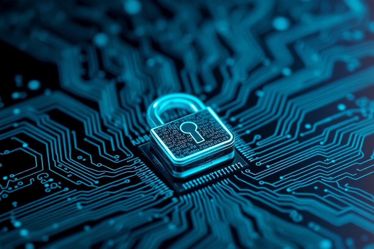 Cybersecurity concept with a padlock on a circuit board